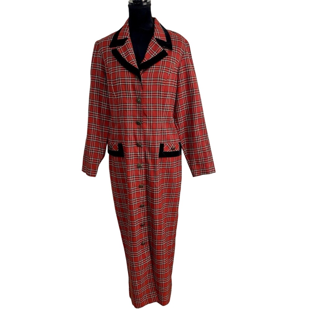 Vintage Sharon Young Red Plaid Dress Black Velvet Trim Mock Pockets Cute Buttons